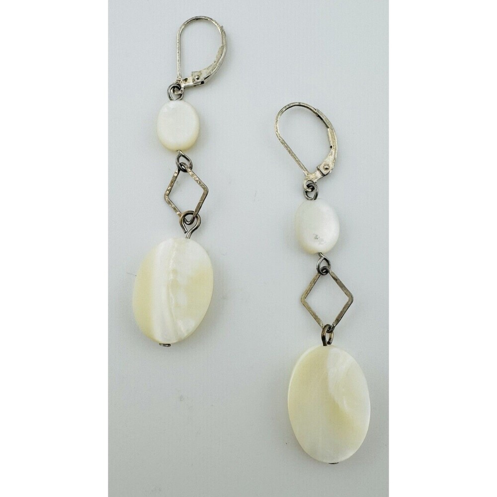 VTG Sterling Silver 925 Mother of Pearl Dangle Earrings Leverback 2.5 Inch Drop